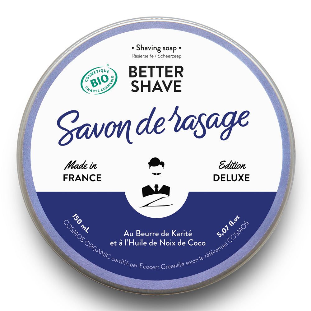 Rasierschaum in Dose. Metallbehälter mit blauem Deckel. Text: "Better Shave", "Savon de rasage", "Made in France", Bio-Zertifizierung.
