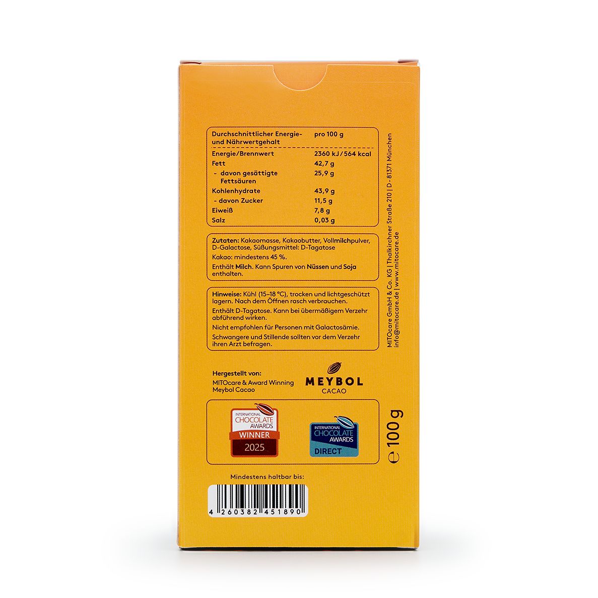Rückseite der MITOcare MITOchoc Schokoladenverpackung mit Nährwertangaben und Hinweisen. 100g.