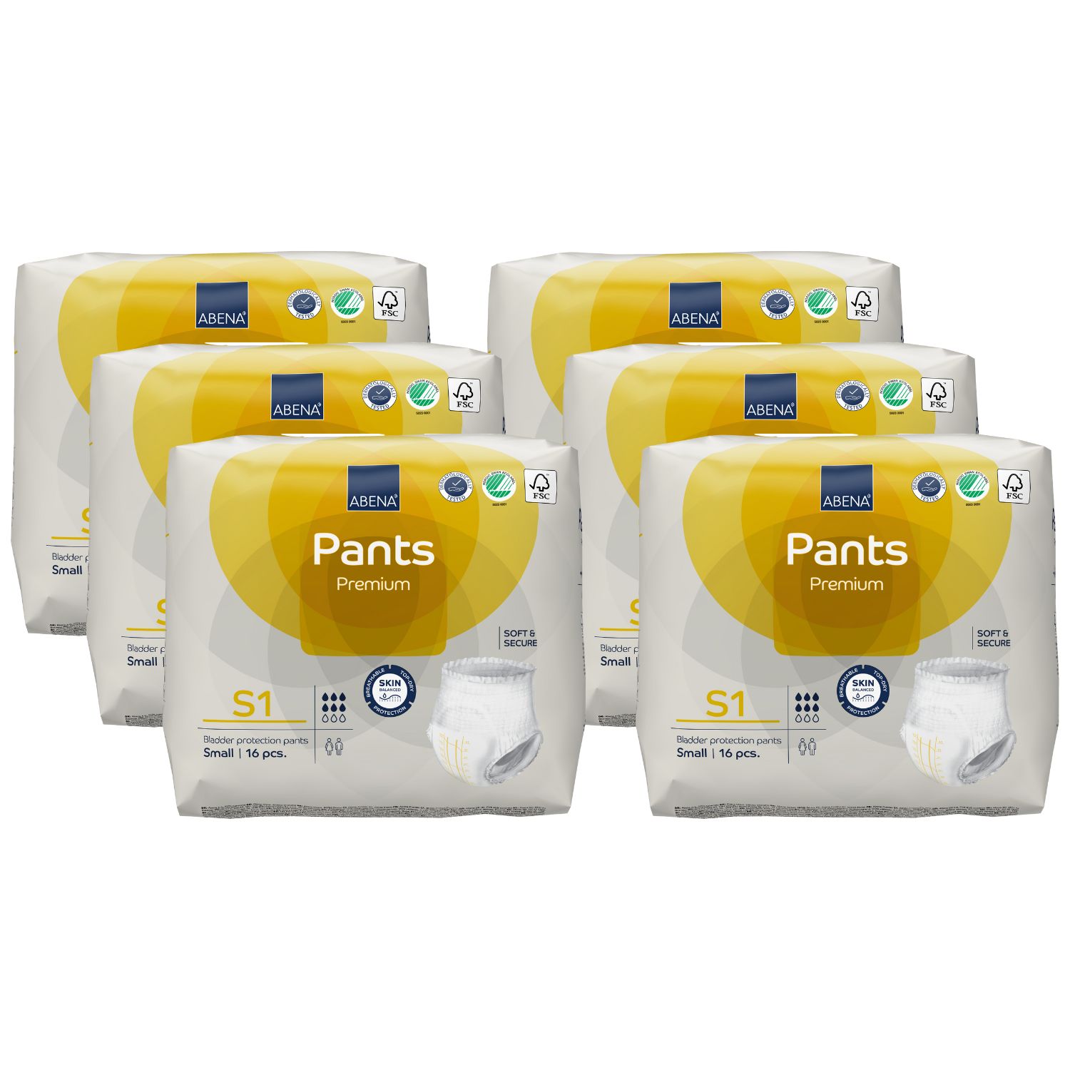 Mehrere Packungen Abena Pants Premium S1. Gelb-weiße Verpackung mit Produktname, Logo und FSC-Siegel. Kleine Größe, 16 Stück.