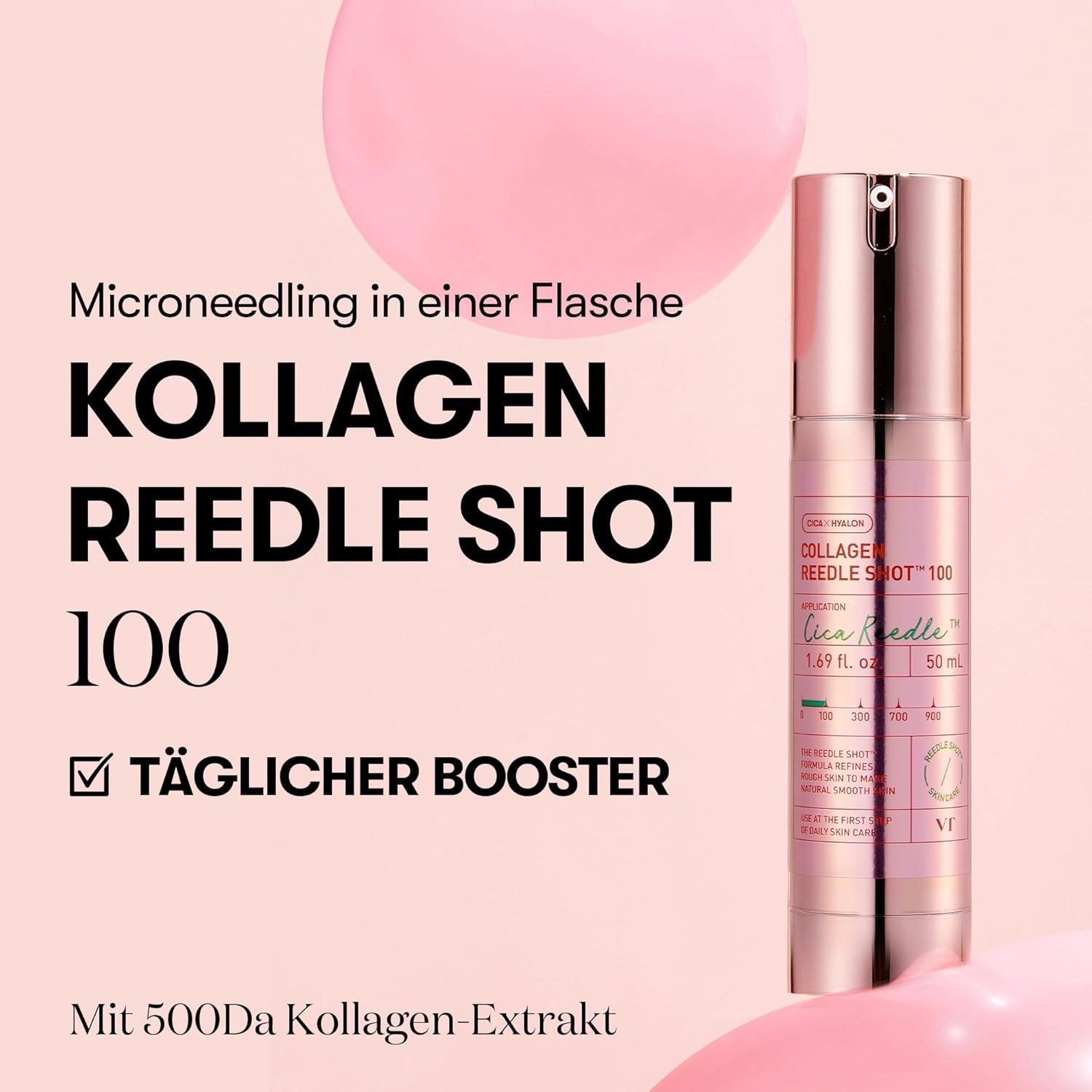Produktflasche vor rosa Hintergrund. Text: Kollagen REEDLE SHOT 100, TÄGLICHER BOOSTER. Mit 500Da Kollagen-Extrakt.
