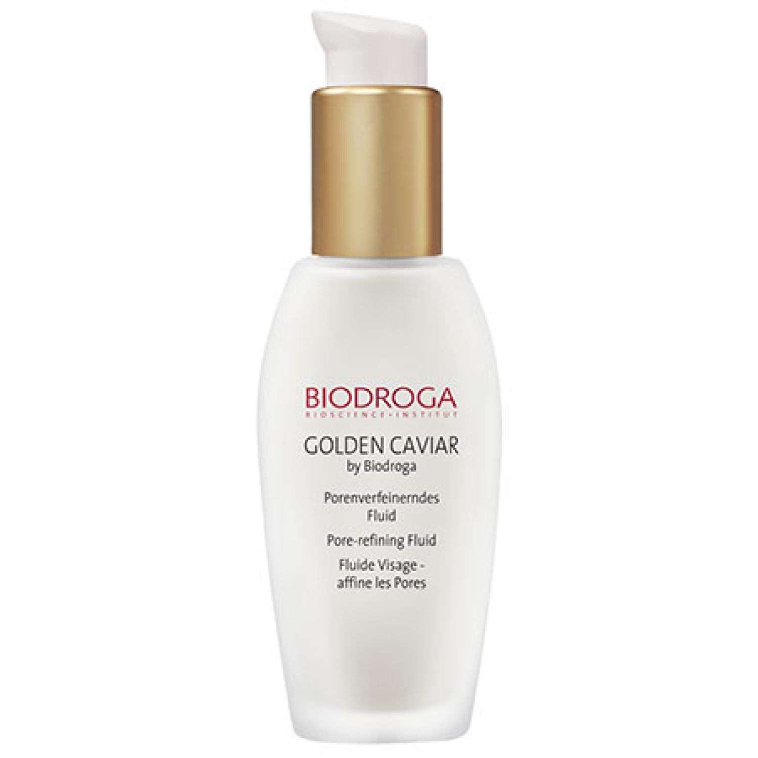 Weißes Fluid mit goldenem Pumpkopf. Beschriftung: BIODROGA, GOLDEN CAVIAR, Porenverfeinerndes Fluid, Pore-refining Fluid, Fluide Visage.