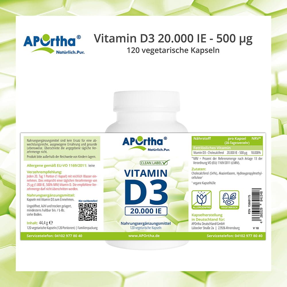 Etikett einer Flasche APOrtha Vitamin D3. Enthält Informationen zu Inhaltsstoffen, Nährwerten, Hersteller und Chargennummer.