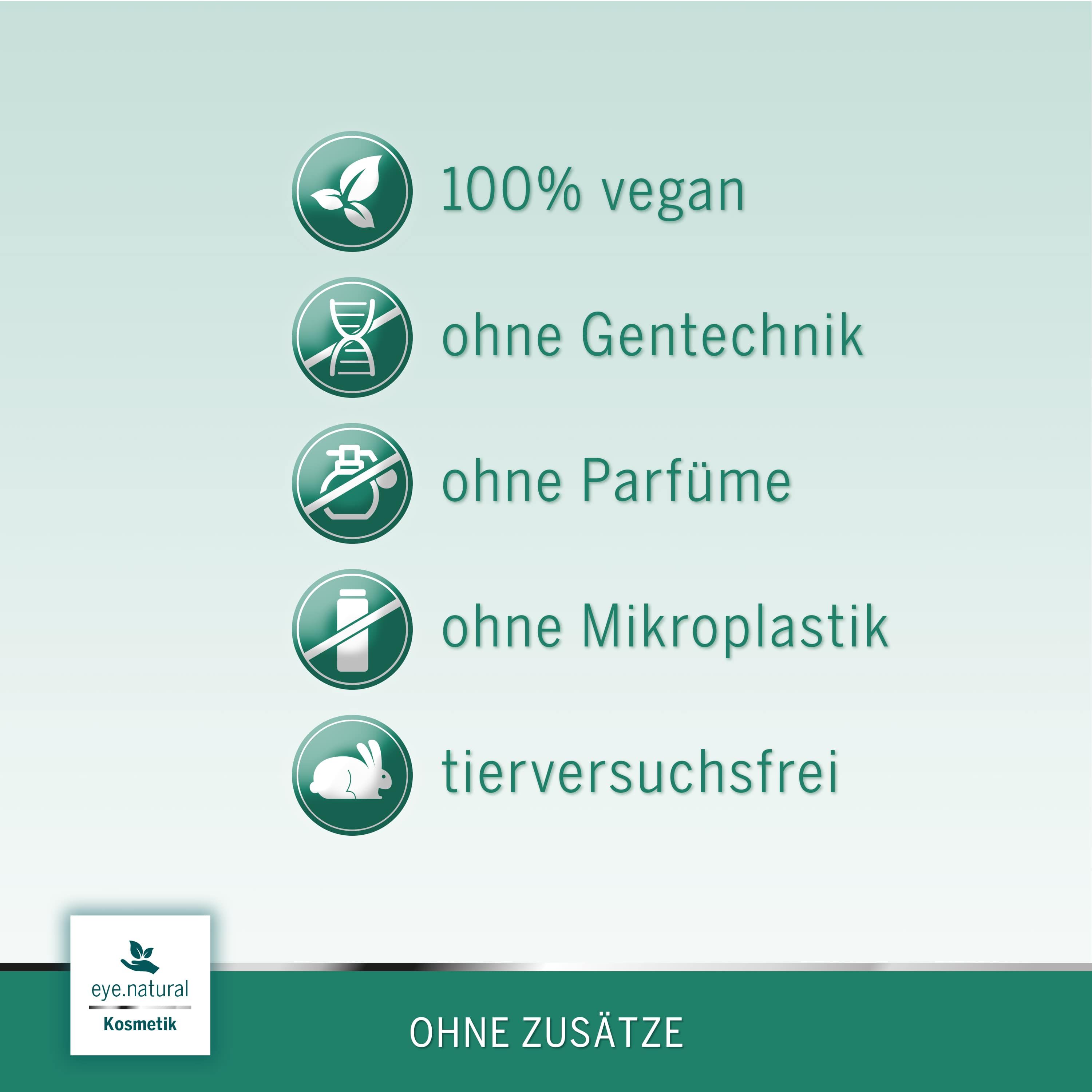 Kreisförmige Symbole: 100% vegan, ohne Gentechnik, ohne Parfüm, ohne Mikroplastik, tierversuchsfrei. eye.natural Kosmetik.