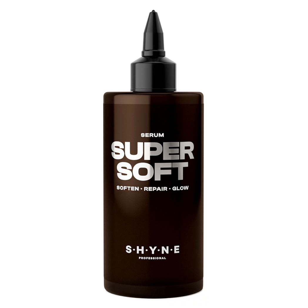 Braune Flasche mit schwarzem Verschluss. Aufschrift: SERUM SUPER SOFT. S.H.Y.N.E PROFESSIONAL.