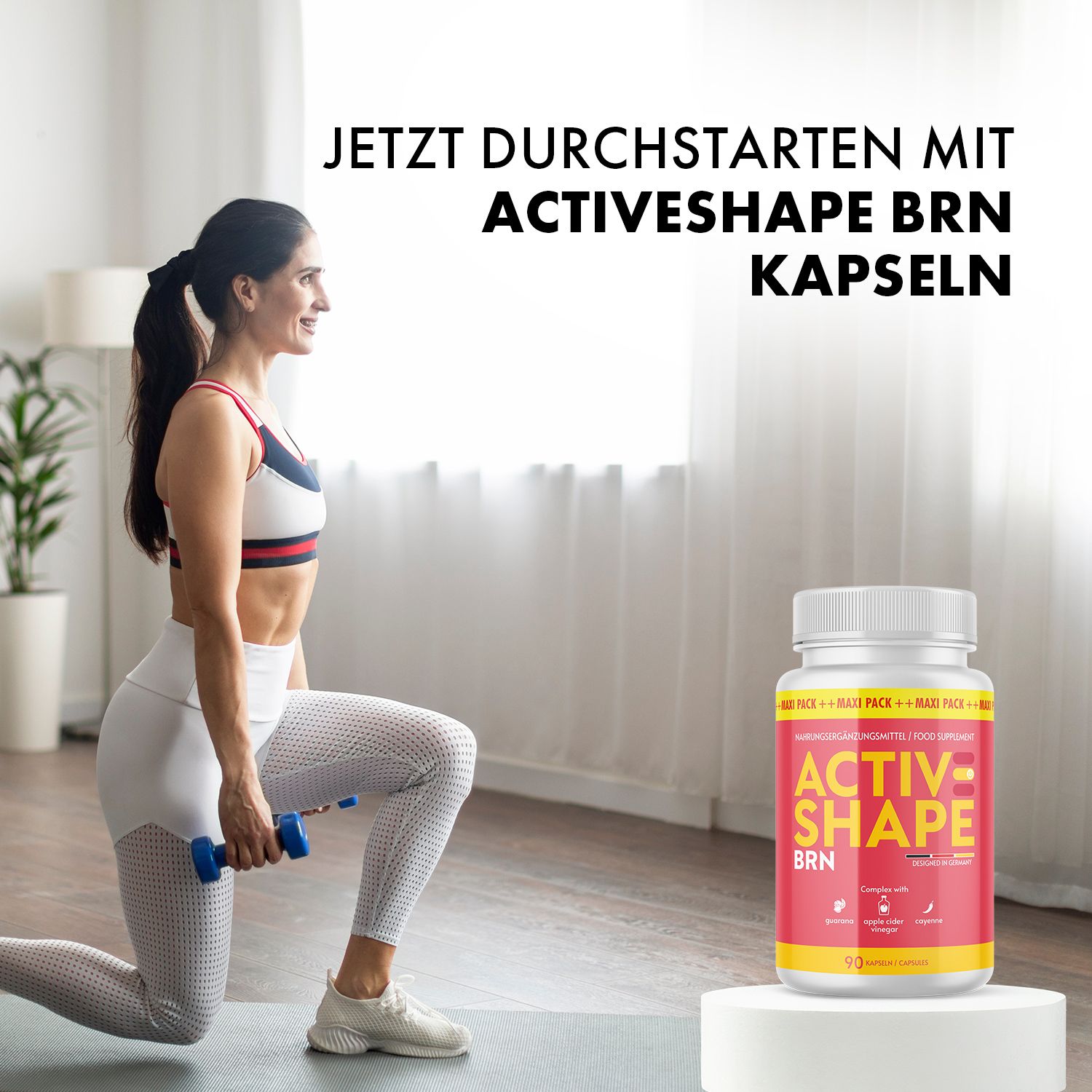 Eine Frau trainiert. Neben ihr eine Dose ACTIVESHAPE BRN Kapseln. Text: Jetzt durchstarten mit ACTIVESHAPE BRN Kapseln.