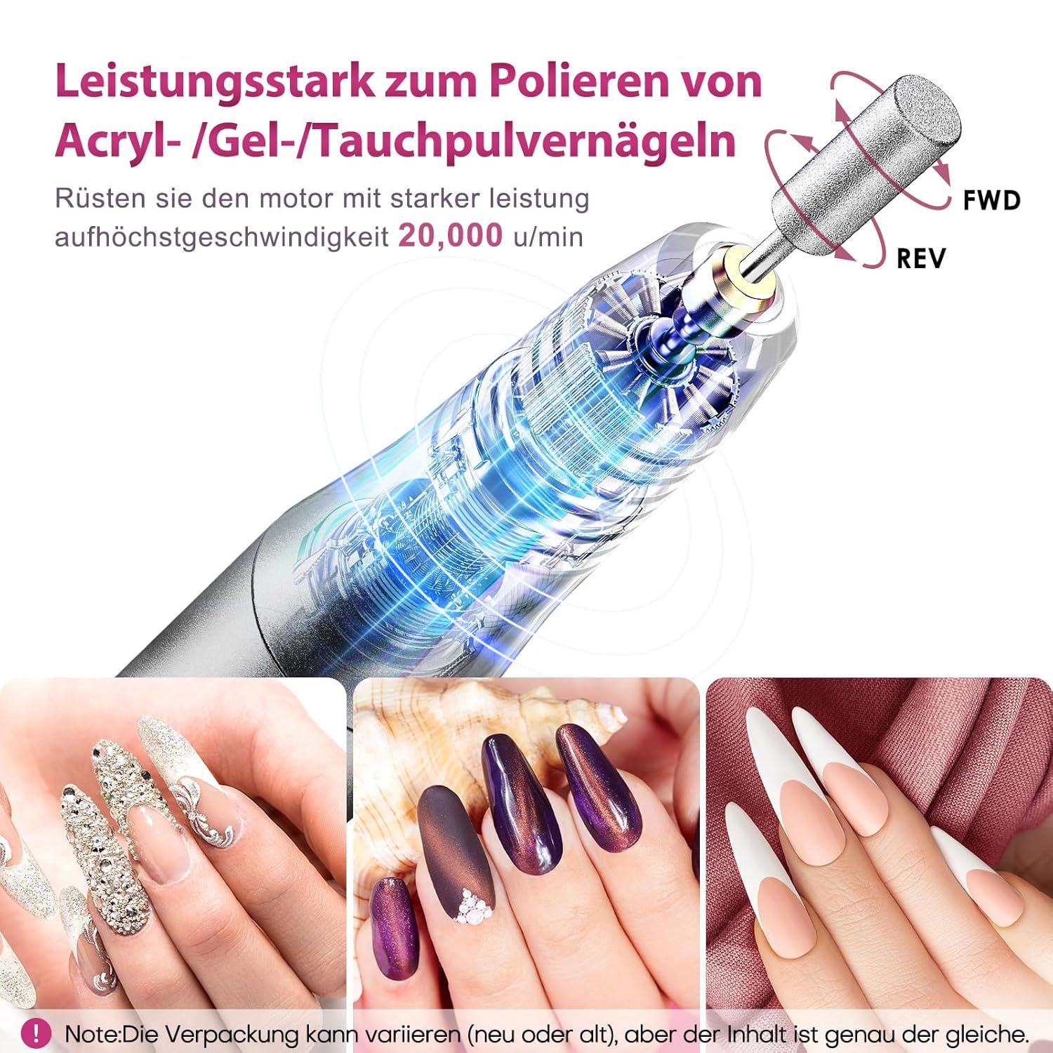Nahaufnahme eines Maniküre-Geräts mit rotierendem Aufsatz. Darunter Beispiele für Nageldesigns.