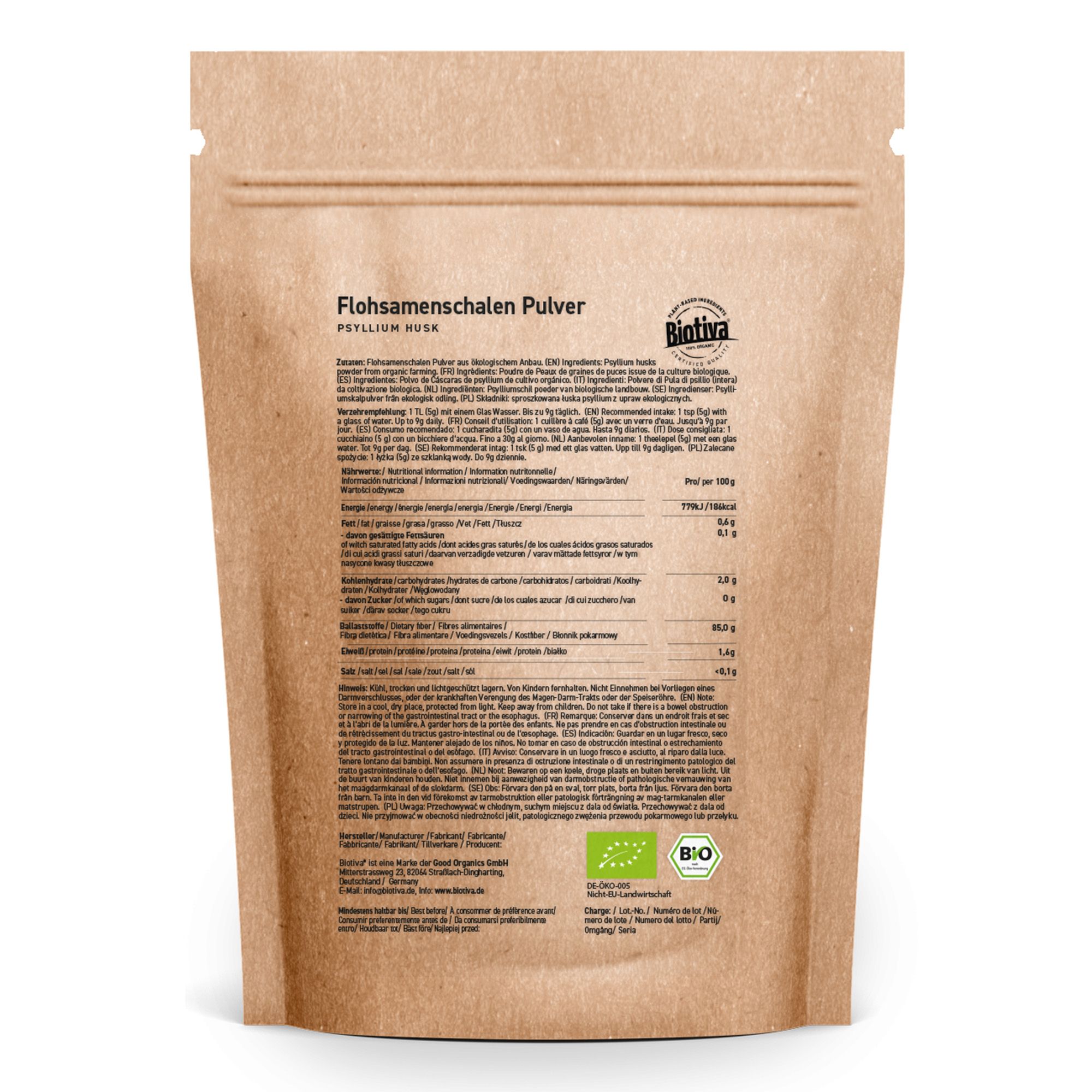 Braune Papiertüte mit Produktinformationen. Text: Flohsamenschalen Pulver, Biotiva, Bio-Siegel.