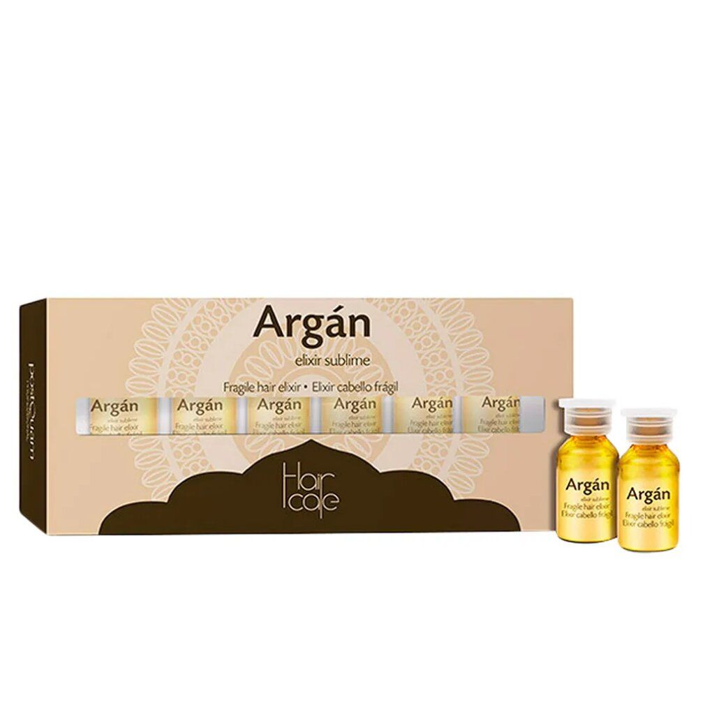 Kartonverpackung mit sechs Ampullen und zwei Fläschchen. Aufschrift: Argan, Elixir sublime, Fragile hair elixir. Marke: Hair cafe.