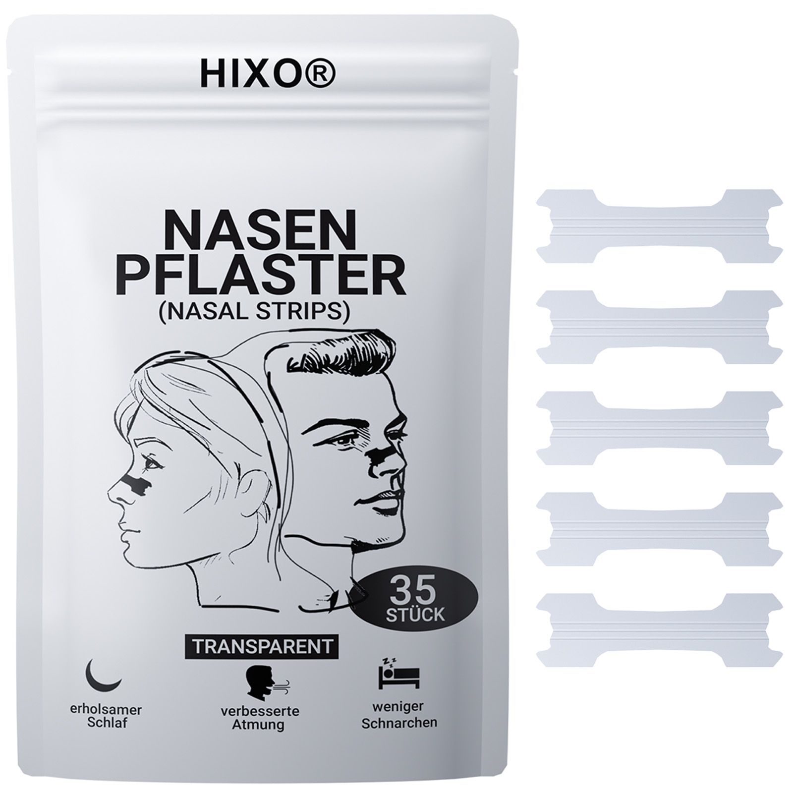 Beutel mit transparenten Nasenpflastern. Aufdruck: HIXO, Nasenpflaster, 35 Stück. Illustrationen von Gesichtern. Einige Pflaster liegen daneben.
