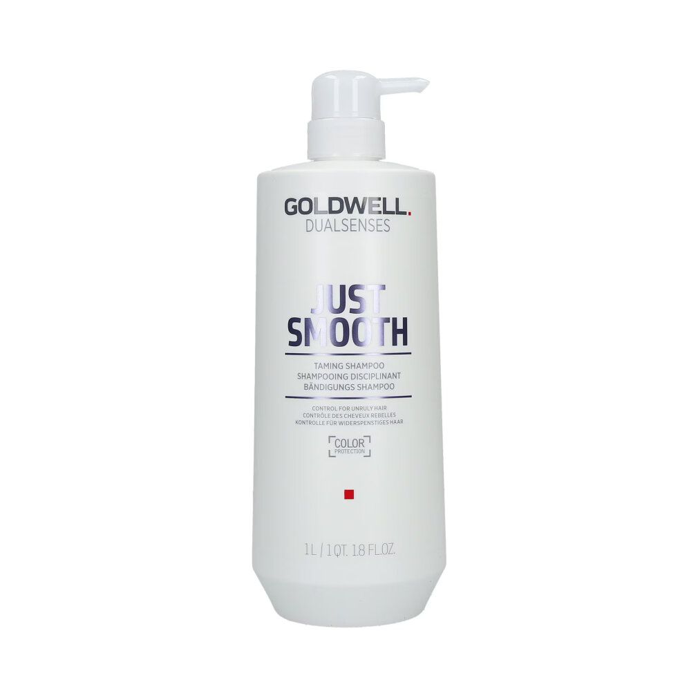 Weiße Flasche mit Pumpe. Text: GOLDWELL DUALSENSES, JUST SMOOTH, Taming Shampoo. 1L, 1 Qt. 1.8 fl oz.
