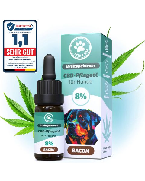 Braunglasflasche und Karton mit Produktetikett. 8% CBD-Pflegeöl für Hunde. Qualitätszertifikat.