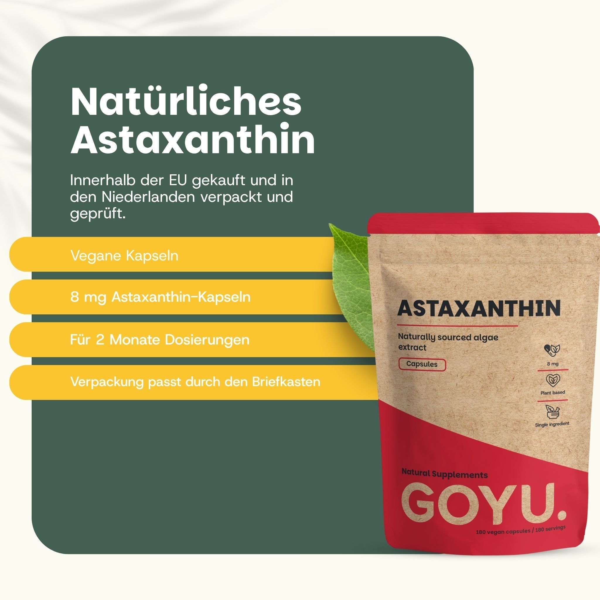 Astaxanthin Kapseln. Vegan, 8 mg Astaxanthin, für 2 Monate Dosierung. Verpackung passt durch den Briefkasten.