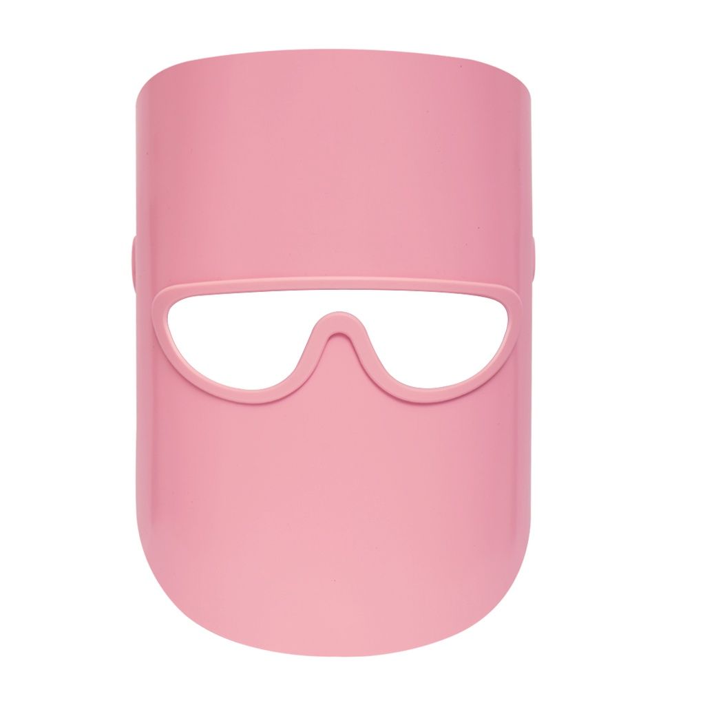 Eine rosafarbene LED-Lichttherapie-Maske mit integrierten Schutzbrillen.