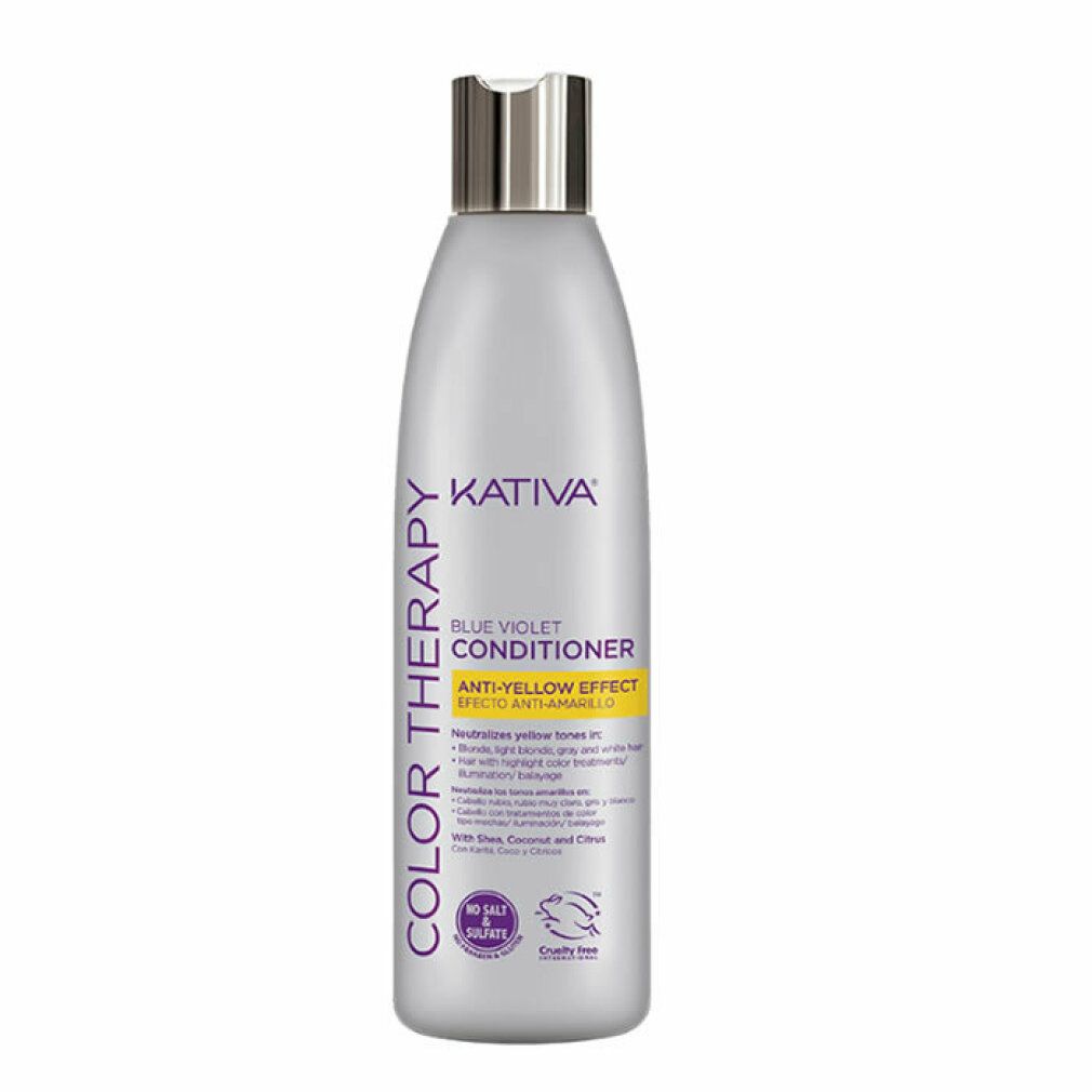 Kativa Blue Violet Conditioner Flasche. Graue Flasche mit silbernem Deckel. Lila und gelbe Beschriftung.