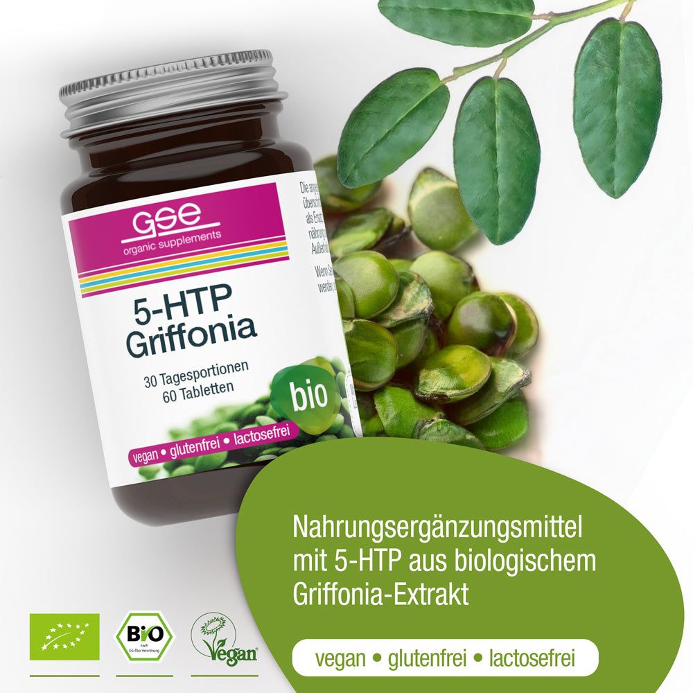 Braune Glasflasche mit Produktaufdruck. Aufschrift: 5-HTP Griffonia, 30 Tagesportionen, 60 Tabletten. Bio-Siegel. Grüne Bohnen.