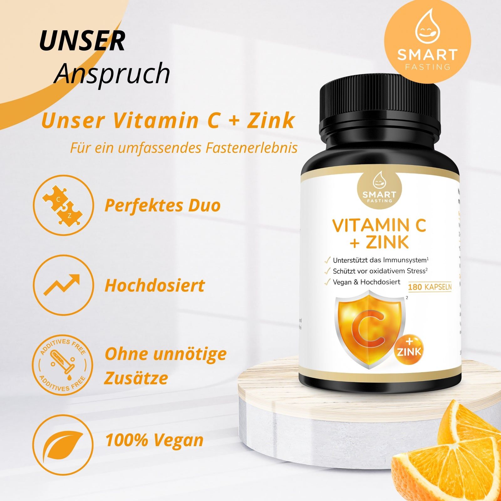 Braune Flasche mit schwarzen Deckel. Aufschrift: Vitamin C + Zink. Orangen und Text auf gelben Hintergrund.