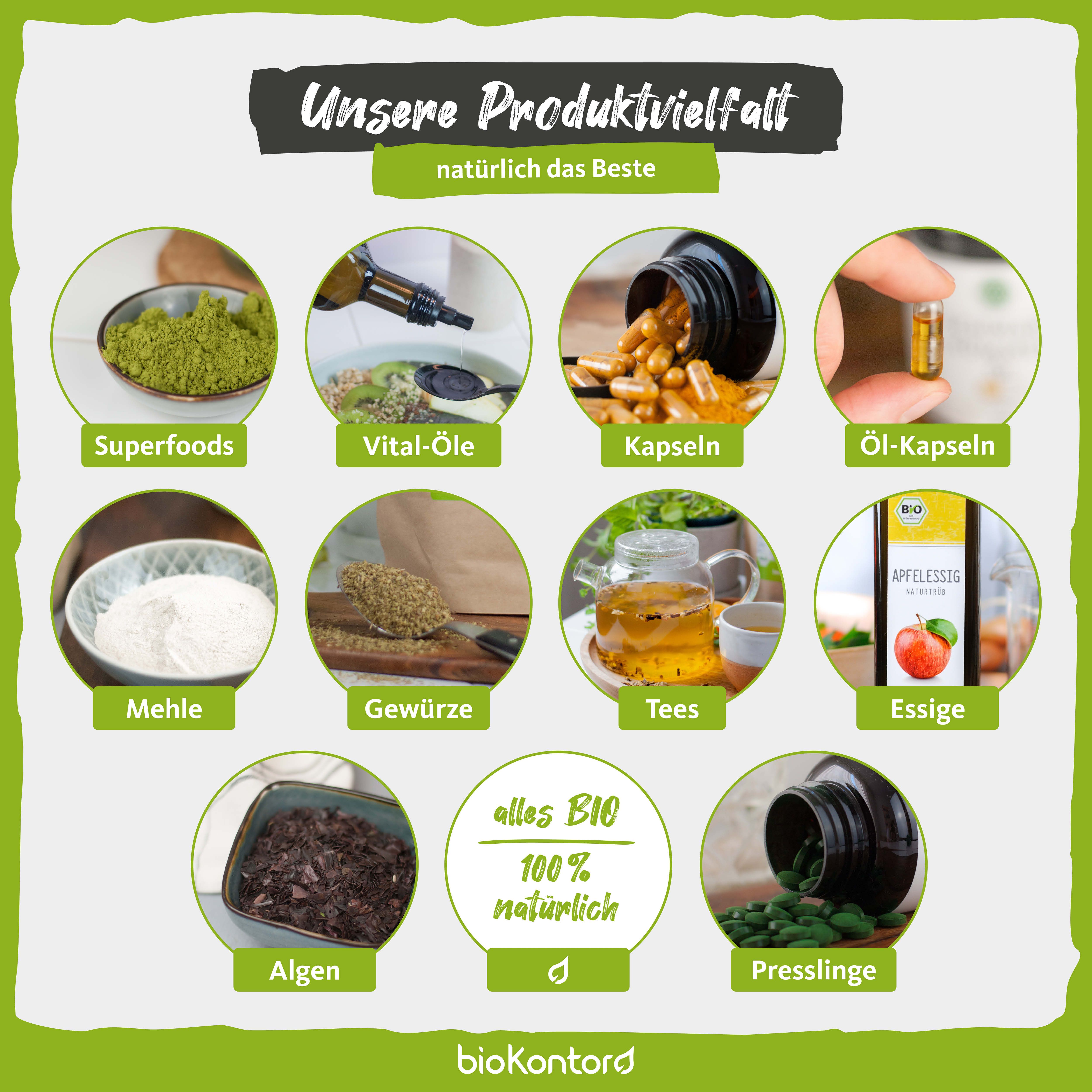 Runde Anordnung verschiedener Produkte. Superfoods, Vital-Öle, Kapseln, Öl-Kapseln, Mehle, Gewürze, Tees, Essige, Algen, Presslinge.