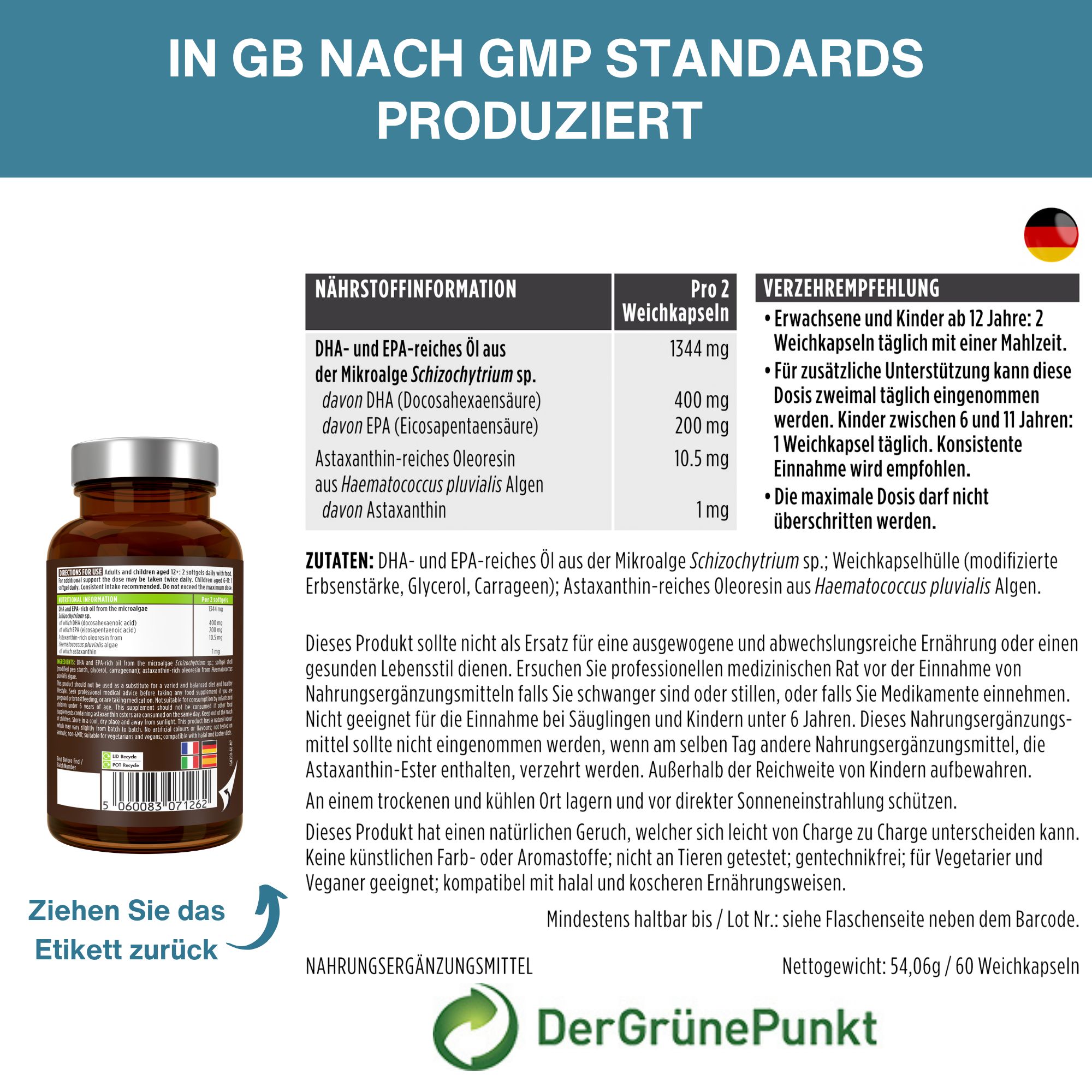 Flasche mit Omega-3-Kapseln. Enthält DHA, EPA und Astaxanthin. Hergestellt in GB.