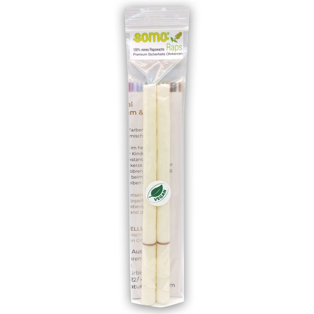 Verpackung mit drei cremefarbenen Ohrkerzen. Aufschrift: somo Raps, vegan. Transparente Verpackung.