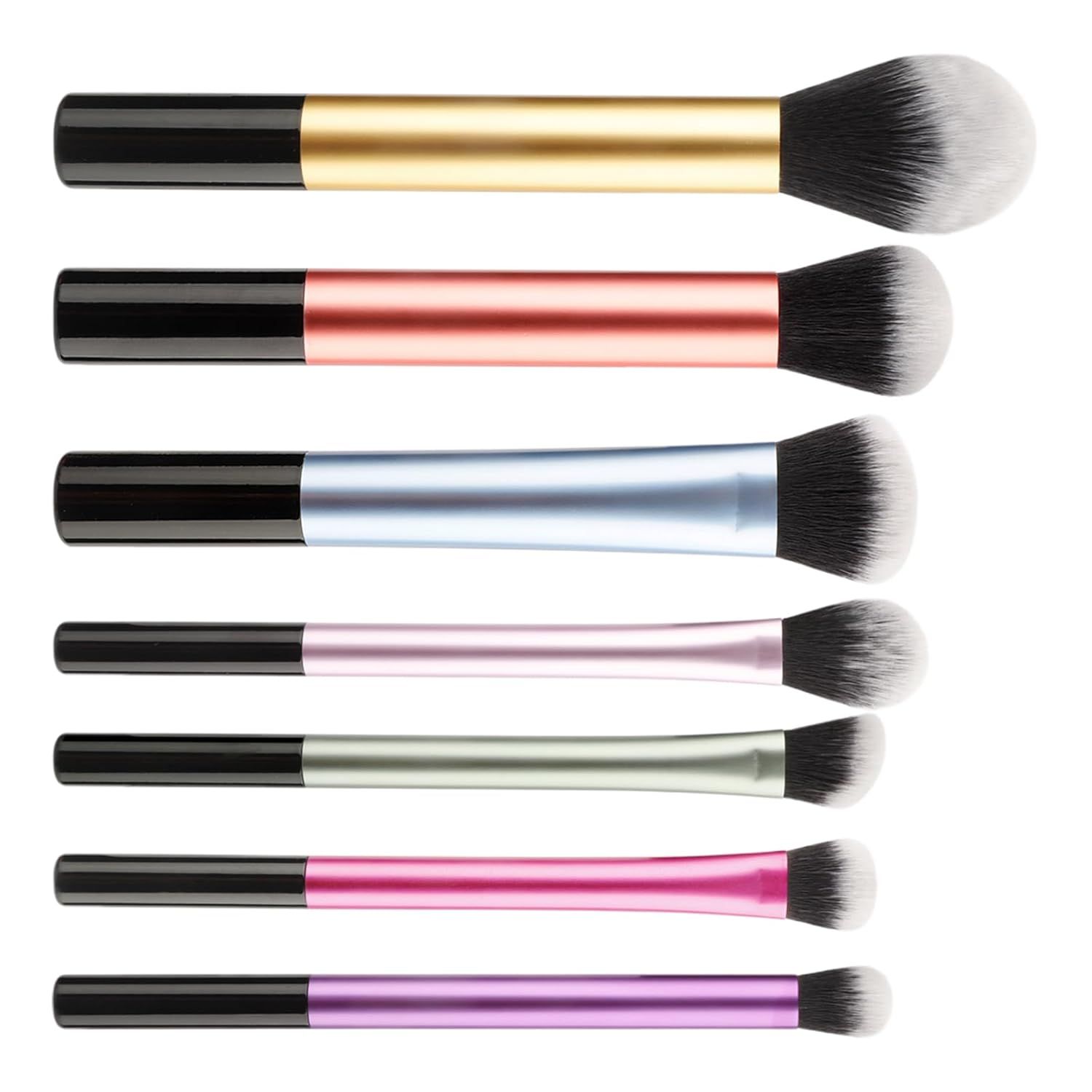 Set mit sieben Make-up-Pinsel mit schwarzen Griffen und farbigen Schäften: Gold, Roségold, Blau, Rosa, Grün, Pink und Lila.