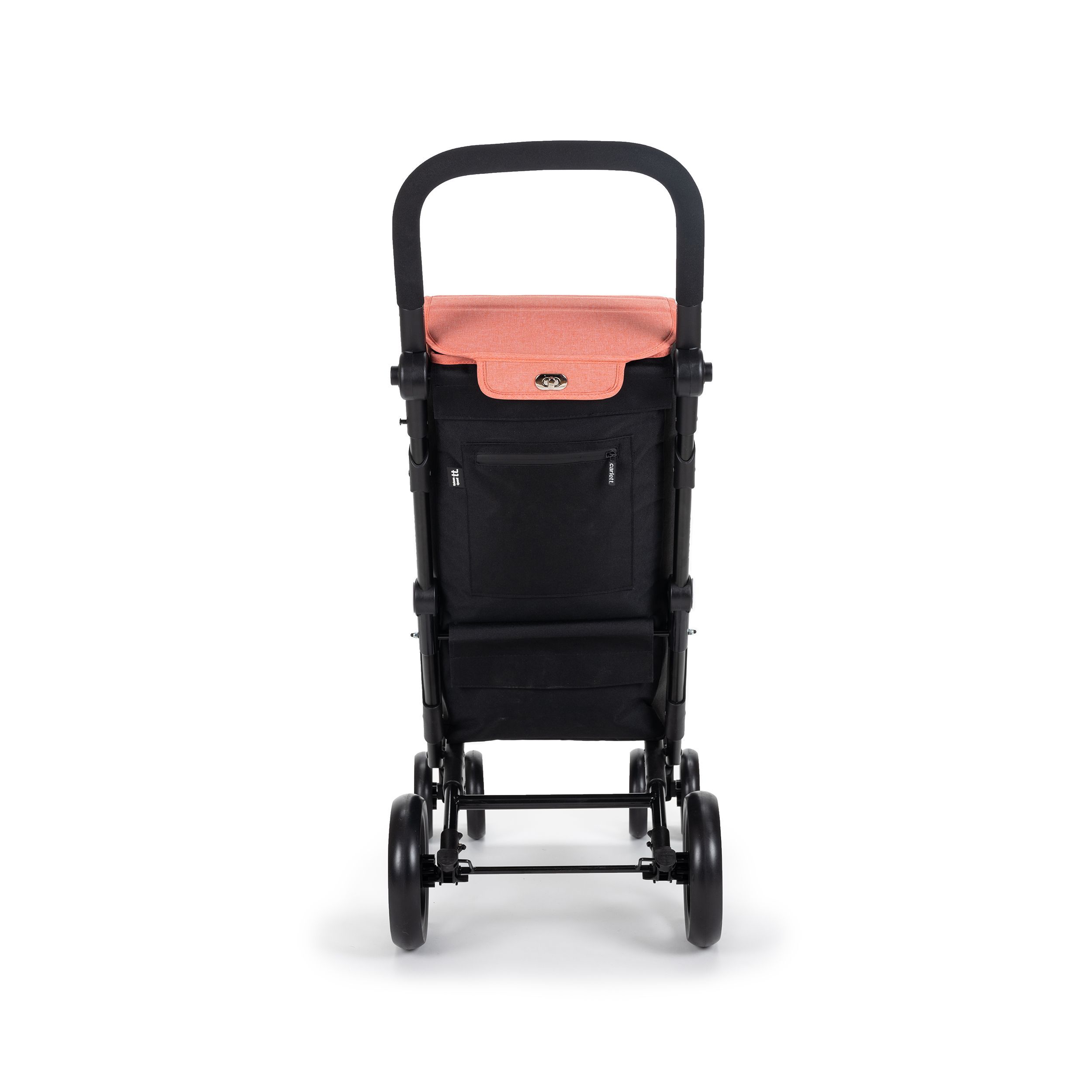 Carlett Urban Quad, orangefarbener Einkaufstrolley mit schwarzem Gestell und vier Rädern. Rückansicht.