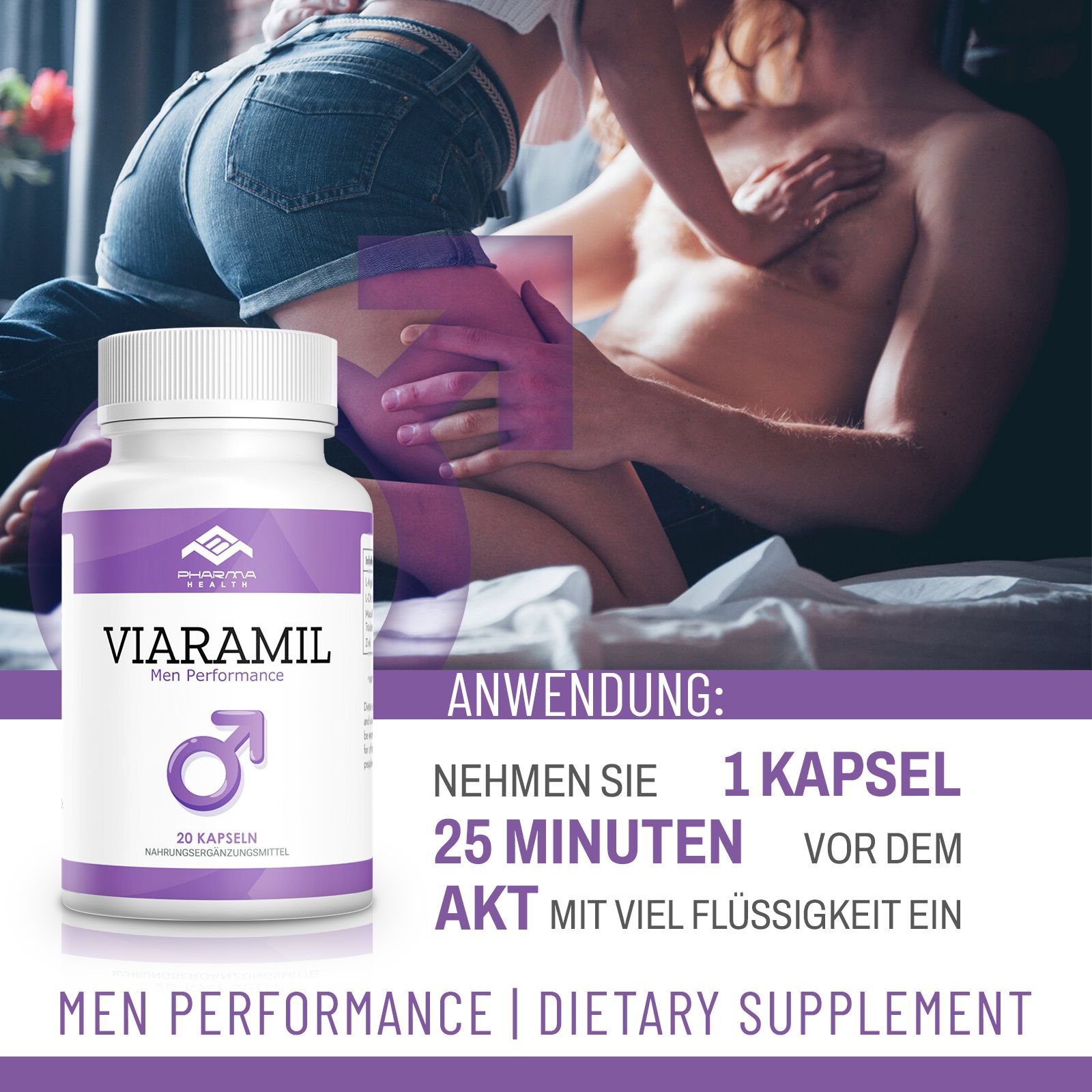 Viaramil Men Performance Flasche. Lila und weiße Flasche mit Text und Logo. Anwendung: 1 Kapsel 25 Minuten vor dem Akt mit Flüssigkeit einnehmen.