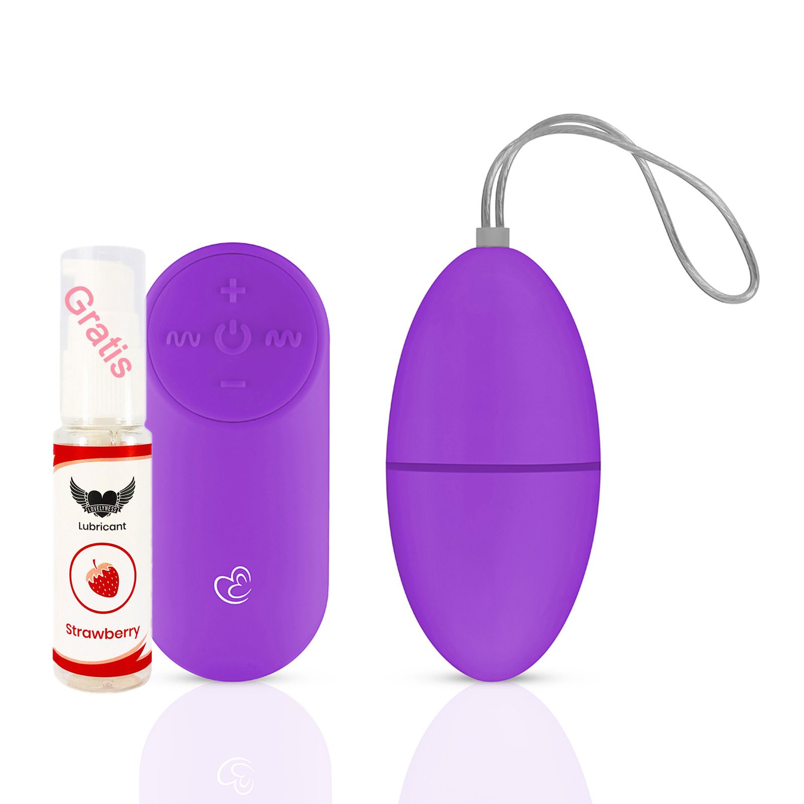 Lila Ei-Vibrator mit Fernbedienung, Erdbeer-Gleitmittel. Fernbedienung mit Tasten. Ei mit Kordel.