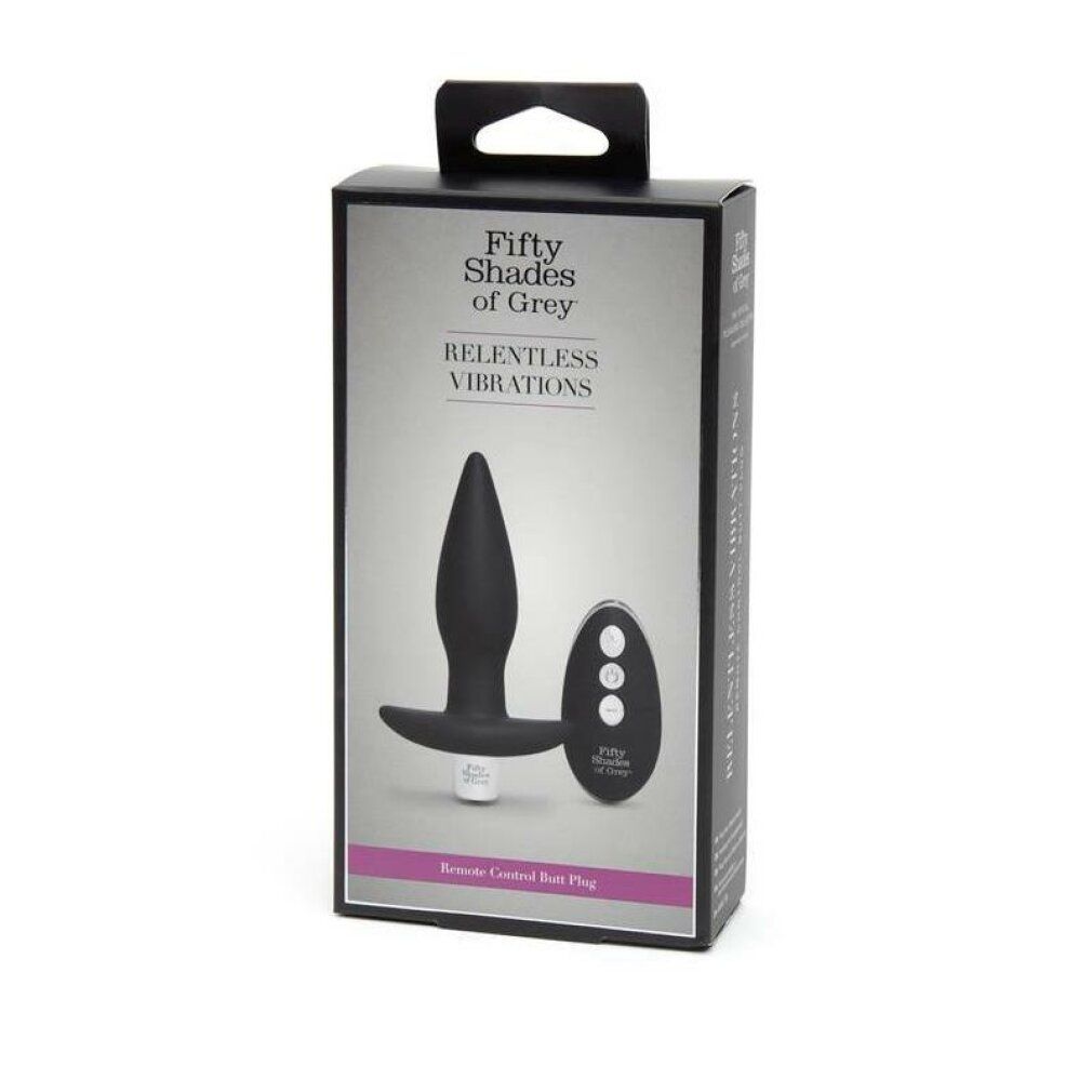 Produktverpackung. Schwarzer Analplug und Fernbedienung. Text: Relentless Vibrations, Fifty Shades of Grey.