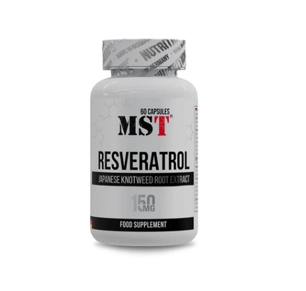 Weiße Flasche mit Kapseln. Aufschrift: MST Resveratrol, 60 Kapseln, 150mg. Lebensmittelzusatz.