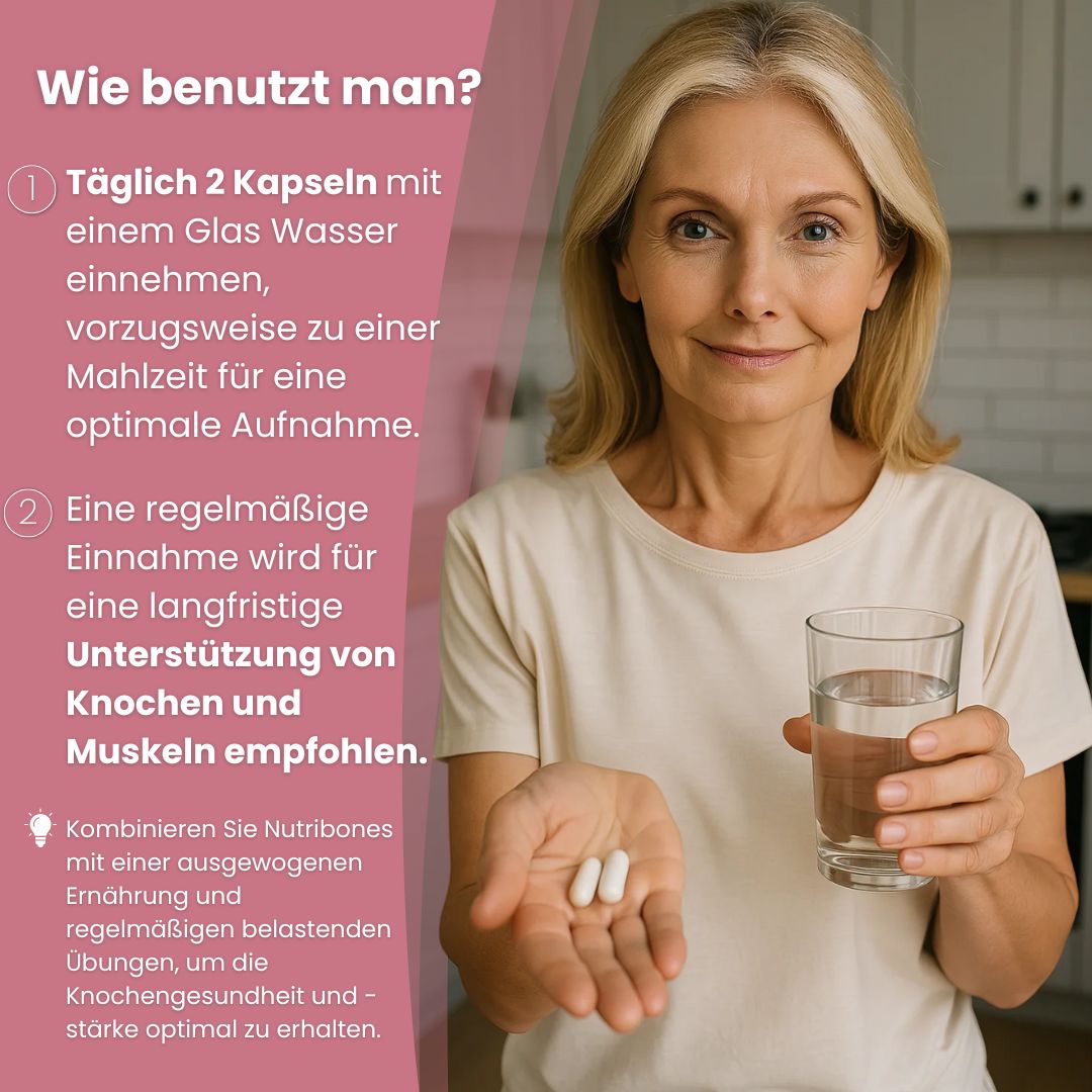 Frau hält Biostile Nutribones Kapseln und ein Glas Wasser, mit Anweisungen zur Einnahme.