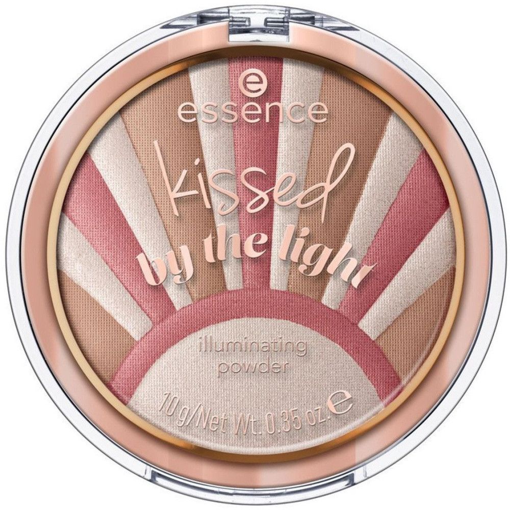 Runder Puder mit Sonnenmuster. Rosa, Beige und Braun. Produktname und Marke sichtbar. 10g/Net Wt. 0.35 oz e.