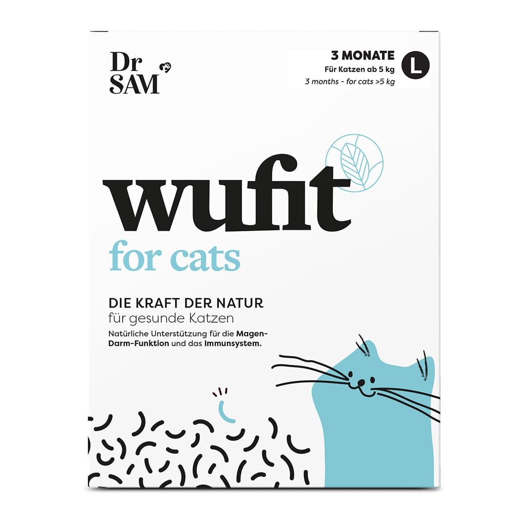 Weiße Produktverpackung mit "Dr. SAM wufit for cats"-Logo. Text: "3 Monate L". Blaue Katze-Illustration. Text: "Die Kraft der Natur".