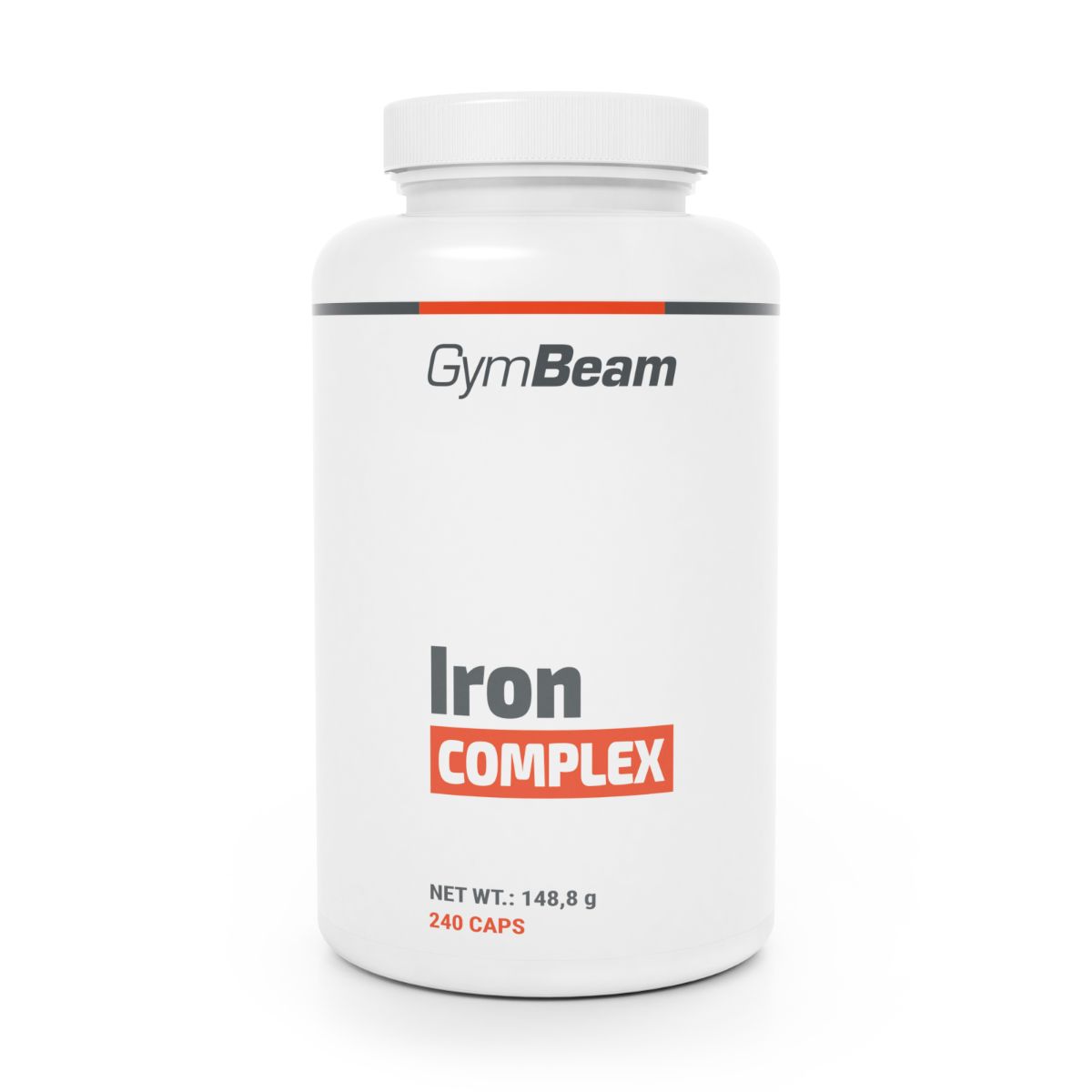 Weiße Dose mit GymBeam Logo und der Aufschrift "Iron COMPLEX". Enthält 240 Kapseln.