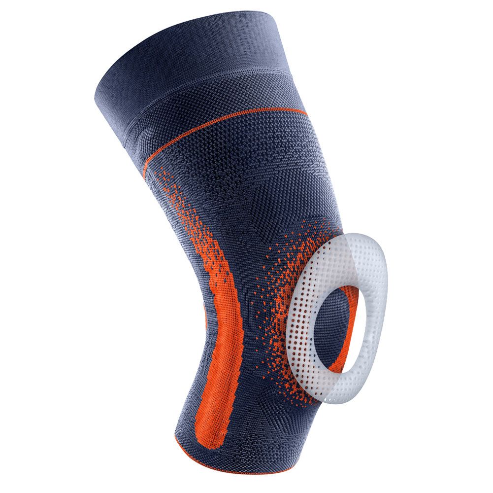 Kniebandage in Blau und Orange. Mit weißem, ringförmigem Element. Gestricktes Material. Detailansicht.