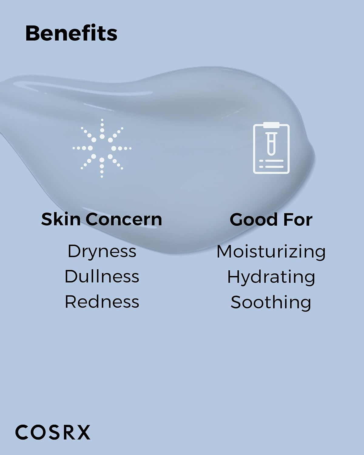 Text: Skin Concern: Dryness, Dullness, Redness. Good For: Moisturizing, Hydrating, Soothing. Marke COSRX.