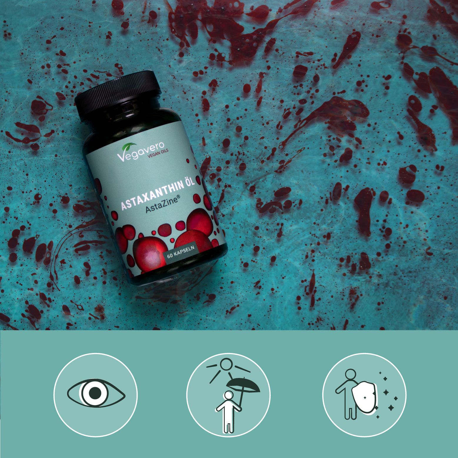 Flasche mit Astaxanthin Öl auf blauem Hintergrund. Symbole für Augen, Sonne und Schutz.