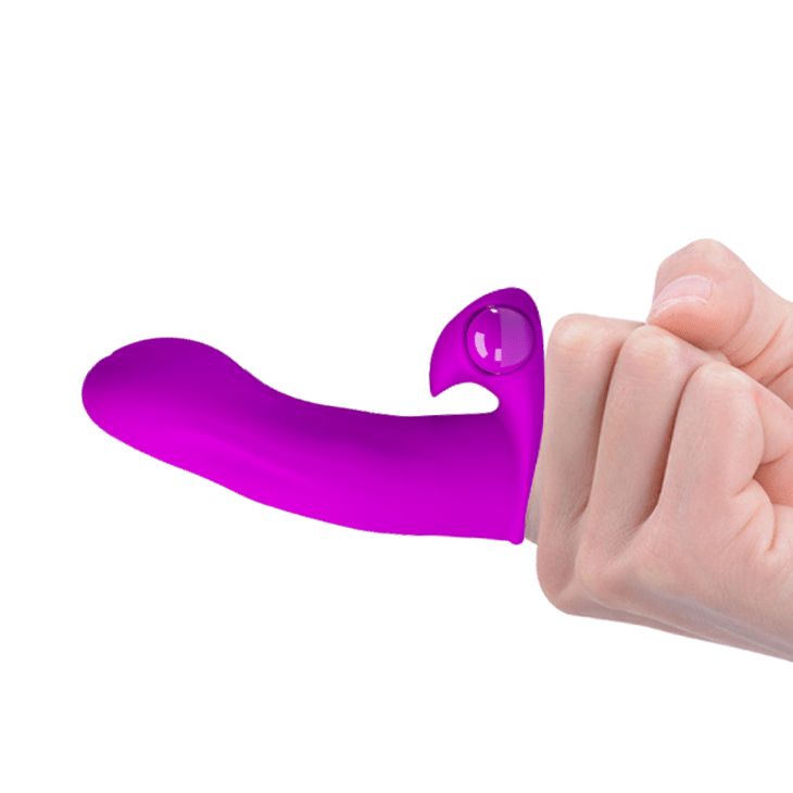 Fingeraufsatzvibrator, pink. In Hand gehalten. Sichtbarer Knopf. Silikonmaterial.
