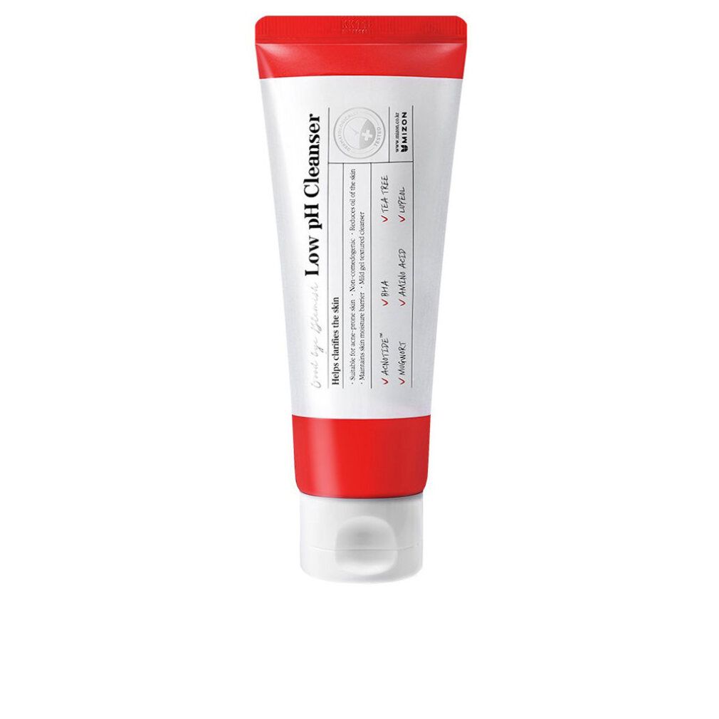 Weiß-rote Tube "Low pH Cleanser". Enthält BHA und Teebaum. Marke MIZON.