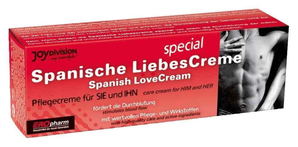 Rote Schachtel mit Produktaufschrift: Spanische Liebescreme spezial. Text und Abbildung eines Mannes.