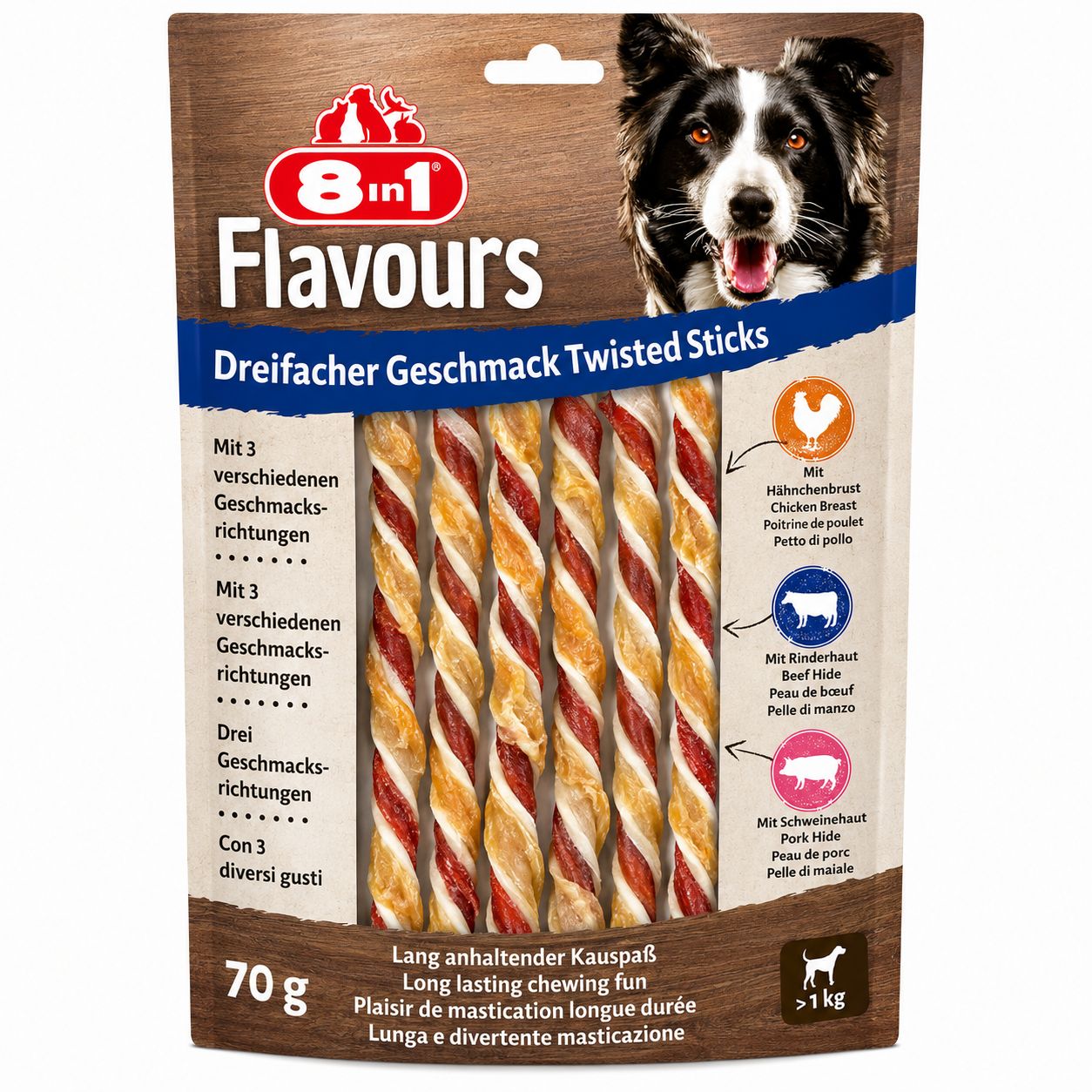 Verpackung mit gedrehten Sticks. Text: Dreifacher Geschmack Twisted Sticks, 70 g, >1 kg. 8in1 Flavours Logo.