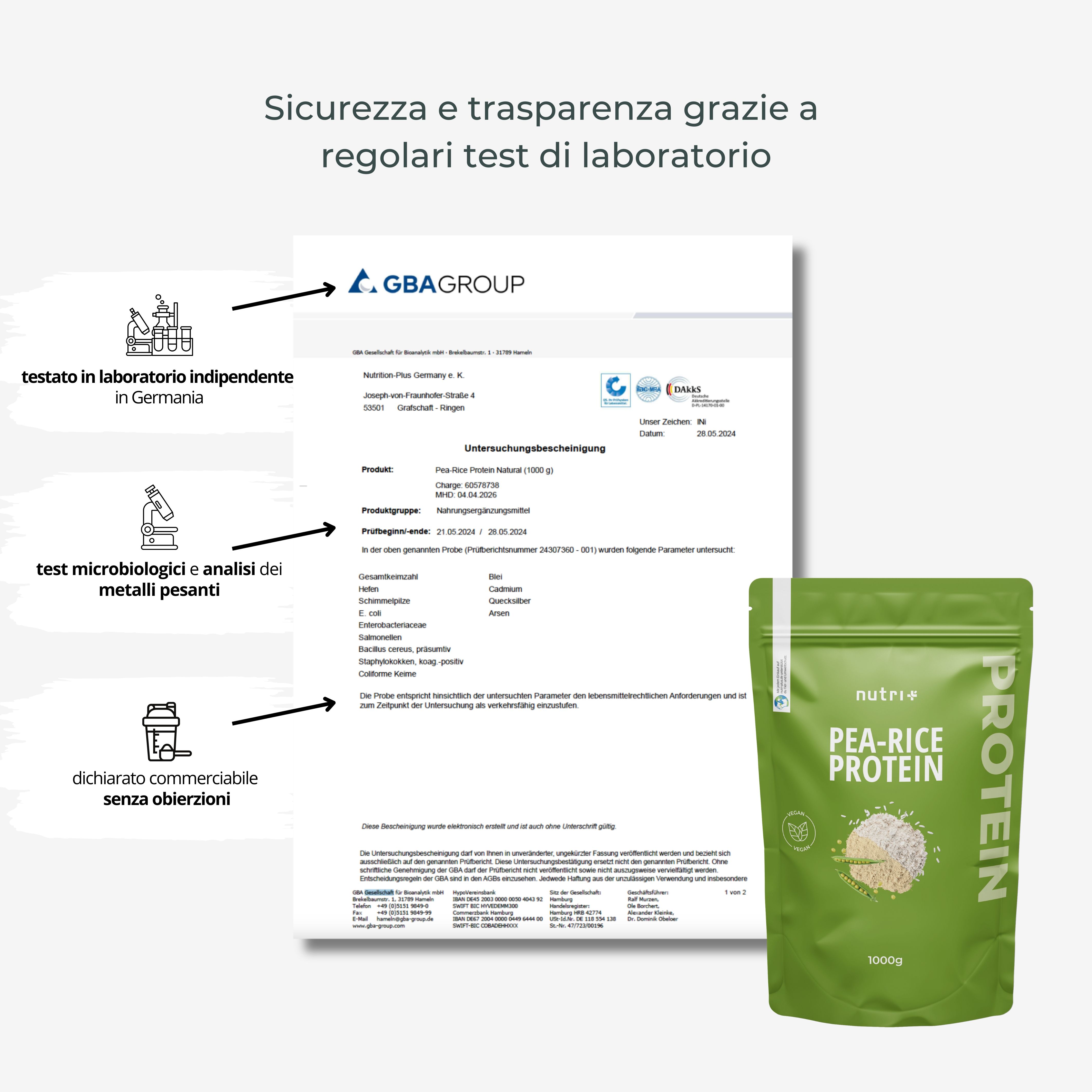 Laborbericht und Verpackung "nutri+" PEA-RICE PROTEIN. Testbericht von GBA Group. Zertifizierung.