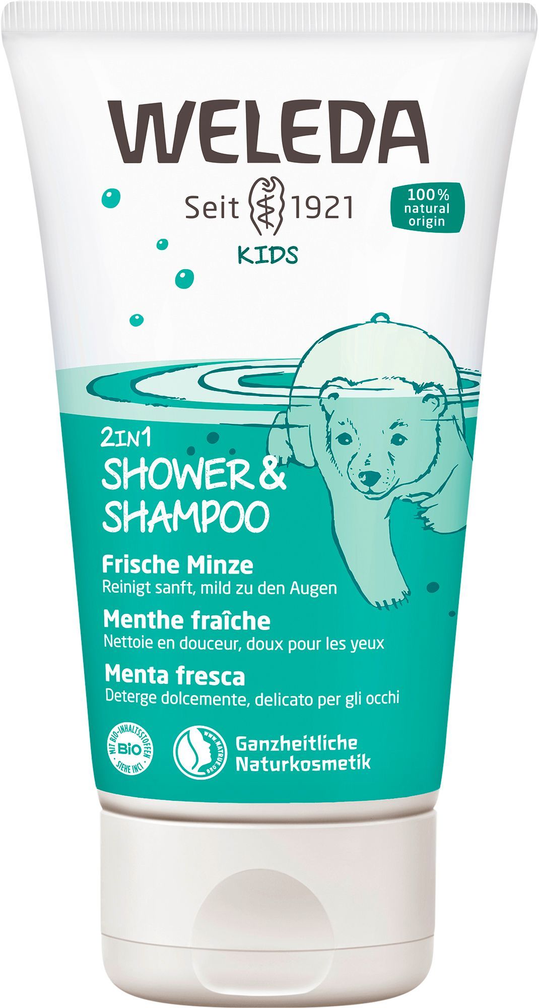 Weleda Kids 2in1 Shower & Shampoo Tube. Eisbär-Illustration. Text: Frische Minze, 2in1, Naturkosmetik.