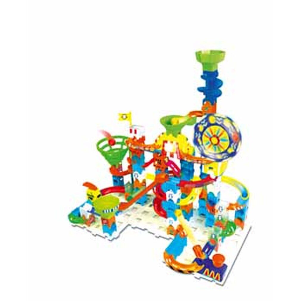 VTech Marble Rush Ultimate Set. Bunte Konstruktion mit Bahnen, Trichter, Karussell und Rampen.