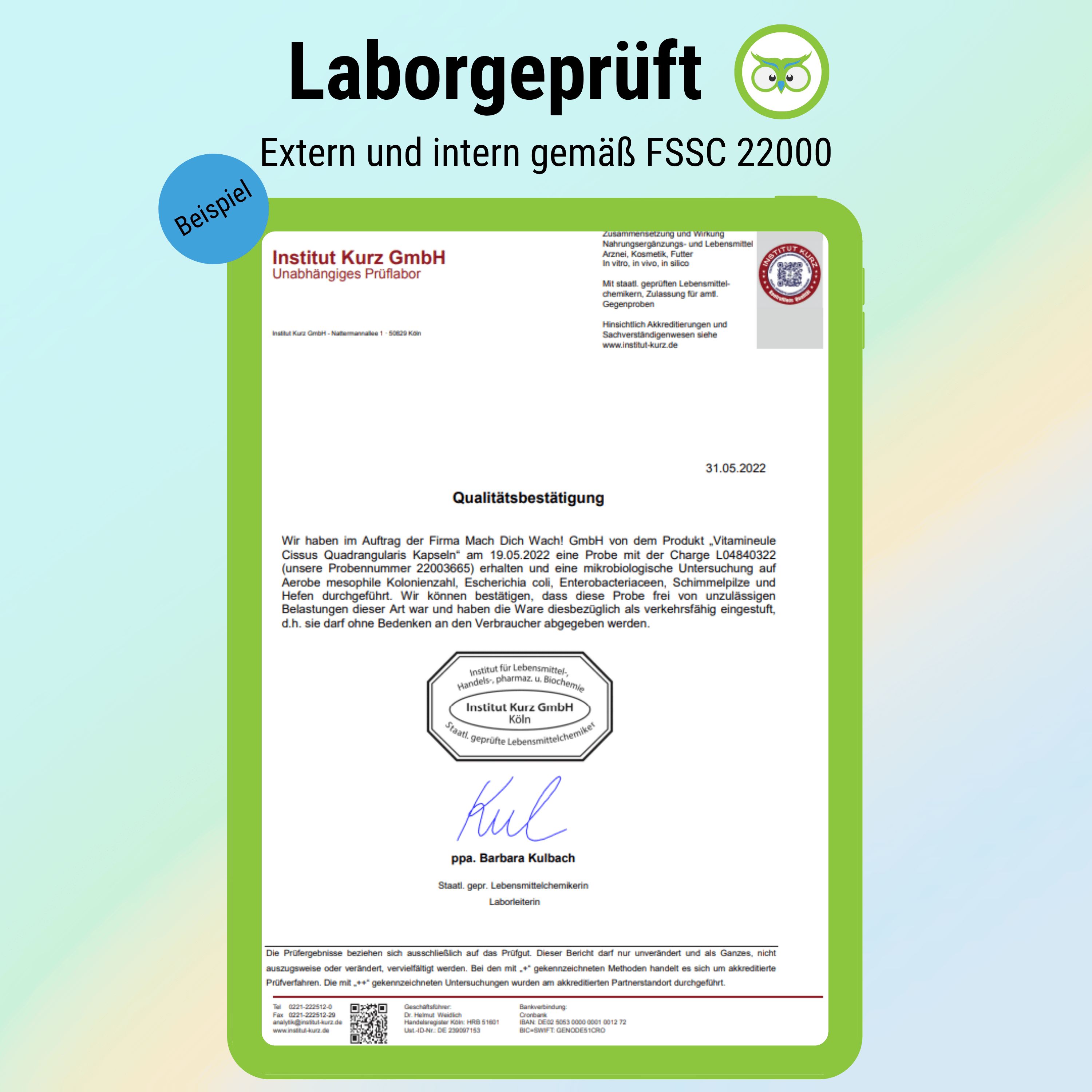 Zertifizierungsdokument. Laborgeprüft gemäß FSSC 22000. Beispiel. Institut Kurz GmbH. Unterschrift.