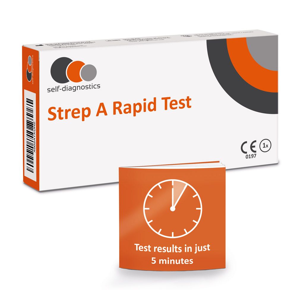Verpackung des Strep A Rapid Test. Text: Test results in just 5 minutes. Logo self-diagnostics. CE-Kennzeichnung.