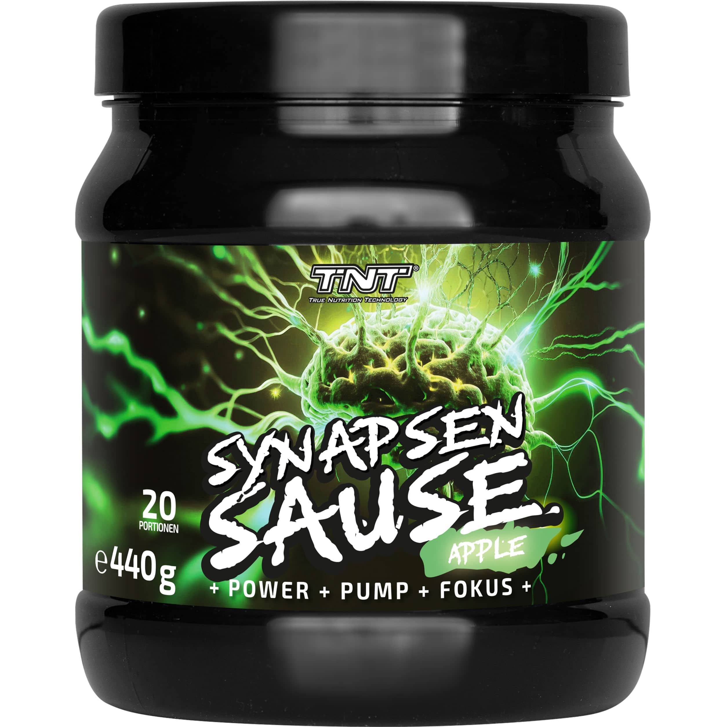 Schwarze Dose mit grünem Etikett. Aufschrift: SYNAPSEN SAUSE, APPLE, 20 Portionen, e440g. Logo: TNT.