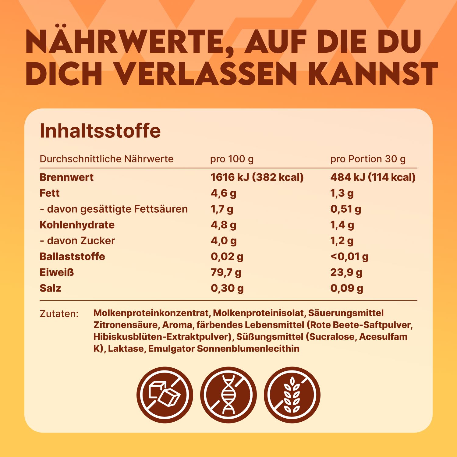 Nährwerttabelle. Angaben pro 100g und pro Portion (30g). Zutatenliste: Molkenproteinkonzentrat, Molkenproteinisolat, Säuerungsmittel, Aroma, etc.