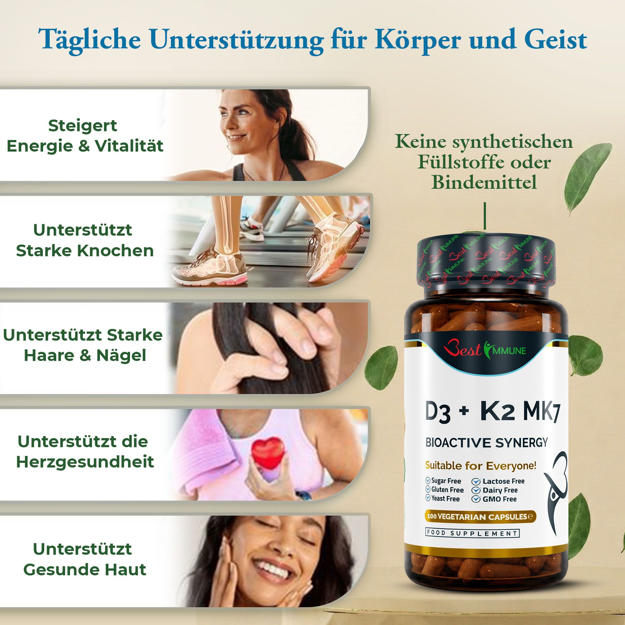 Collage zeigt Vorteile von Best Immune D3 + K2 MK7 für Körper und Geist.