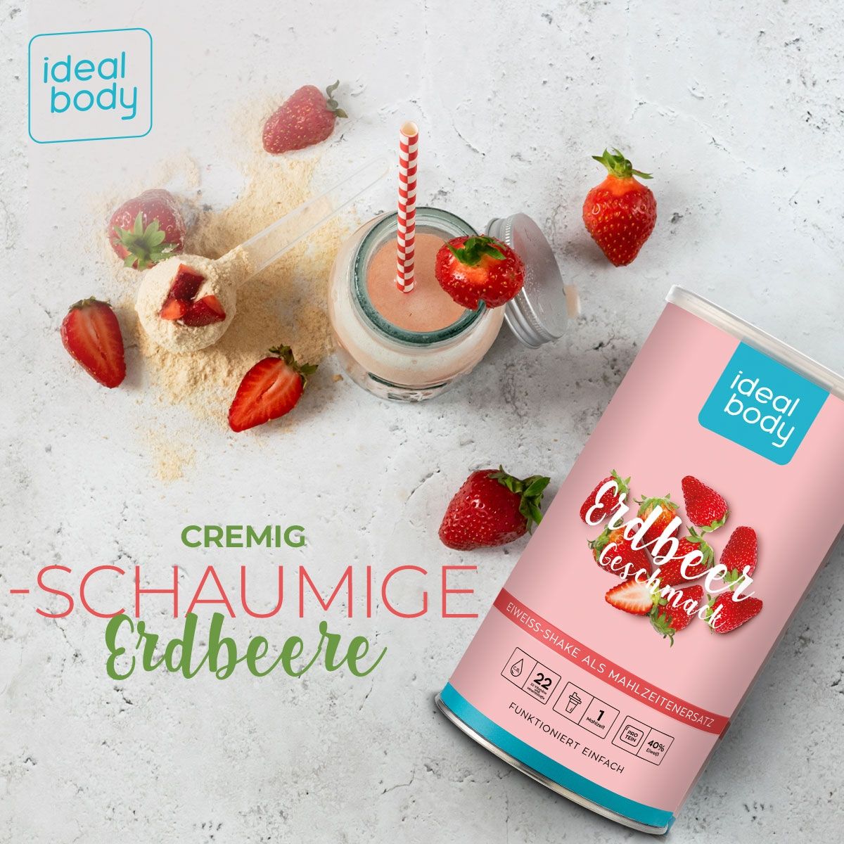 Glas mit Erdbeer-Shake, Erdbeeren, Dose mit Erdbeer-Geschmack und Löffel. Text: Cremig-Schaumige Erdbeere.