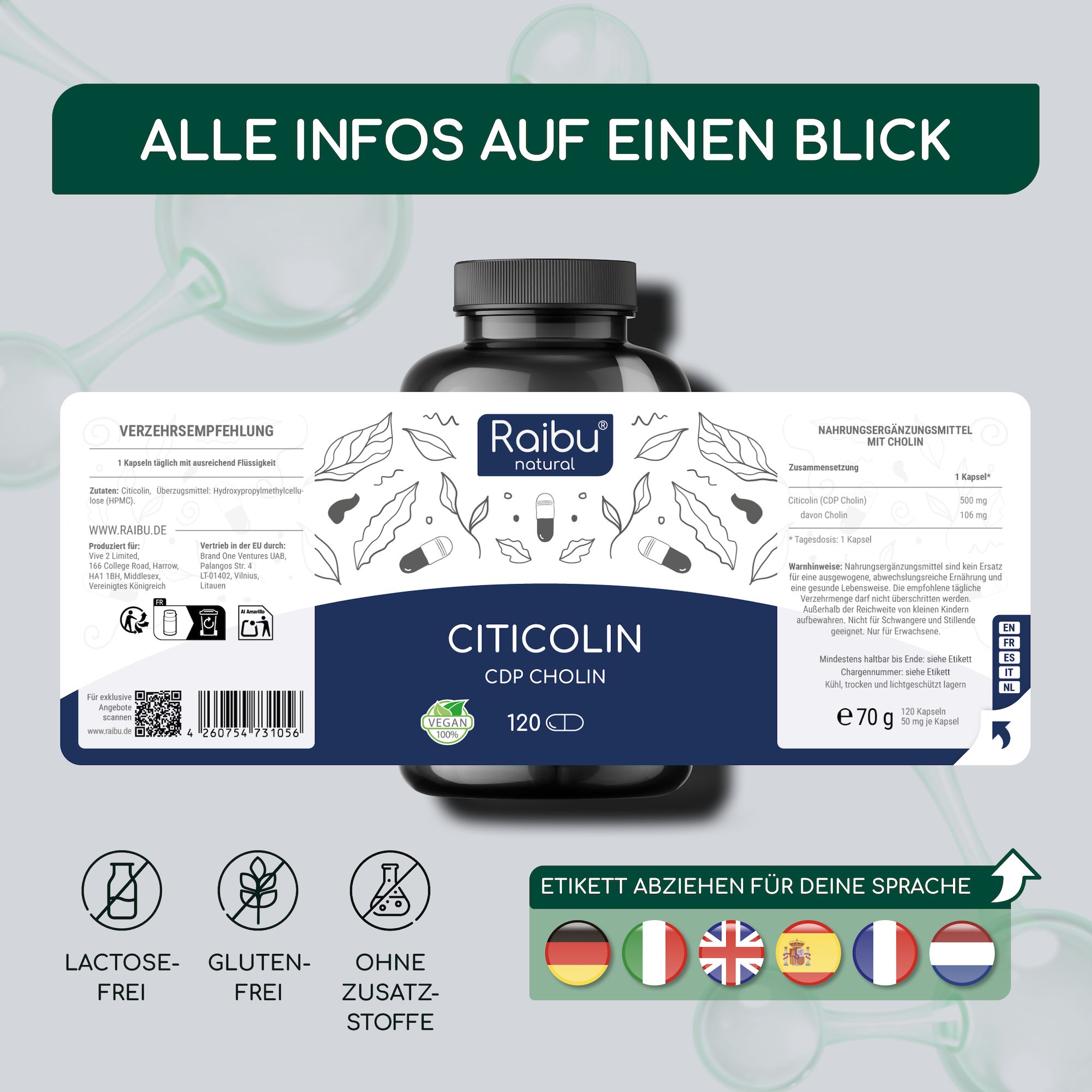 Cholin Citicolin Kapseln Hochdosiert 500 mg je Kapsel - Bioaktive Cholinform - RAIBU
